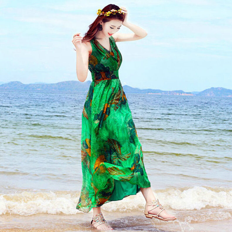 Dresses Summer Women Large Pendulum Printed Beach Long Tunic Bohemian - Green