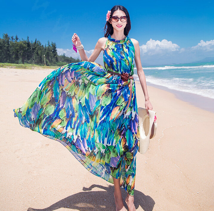 Dresses Summer Women Tunic Large Pendulum Printed Beach Long Tunic Bohemian - Blue