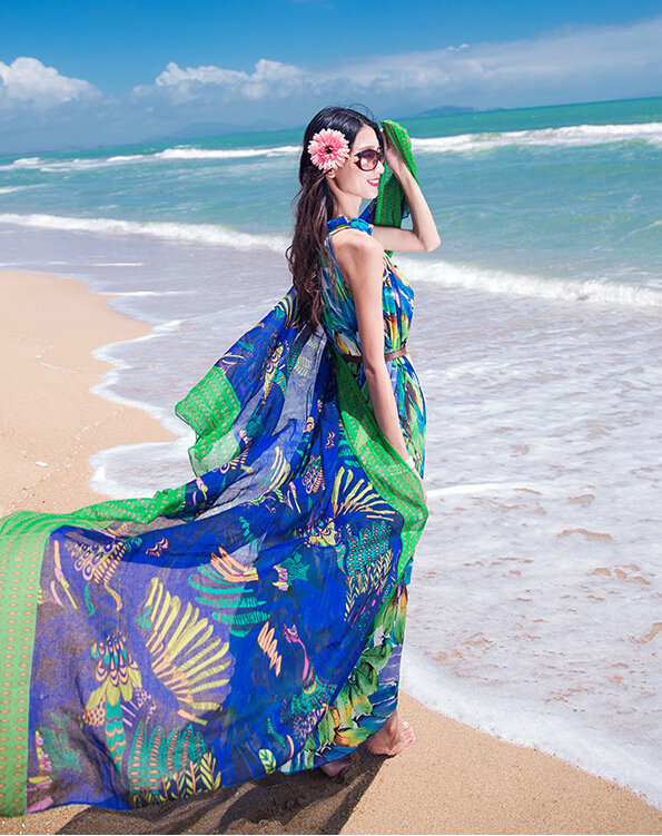 Dresses Summer Women Tunic Large Pendulum Printed Beach Long Tunic Bohemian - Blue