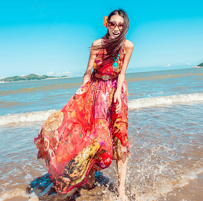 Dresses Summer Women Tunic Large Pendulum Printed Beach Long Tunic Bohemian - Red