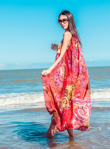 Dresses Summer Women Tunic Large Pendulum Printed Beach Long Tunic Bohemian - Red