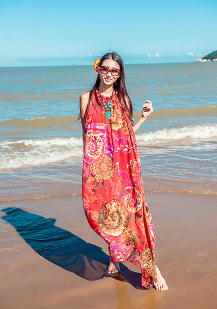 Dresses Summer Women Tunic Large Pendulum Printed Beach Long Tunic Bohemian - Red