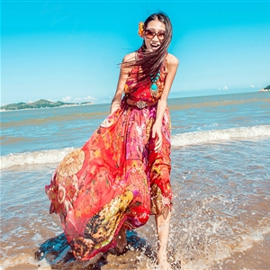Dresses Summer Women Tunic Large Pendulum Printed Beach Long Tunic Bohemian - Red