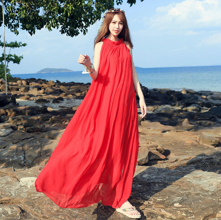 Dresses Summer Women Tunic Large Pendulum Solid Beach Long Tunic Bohemian - Red