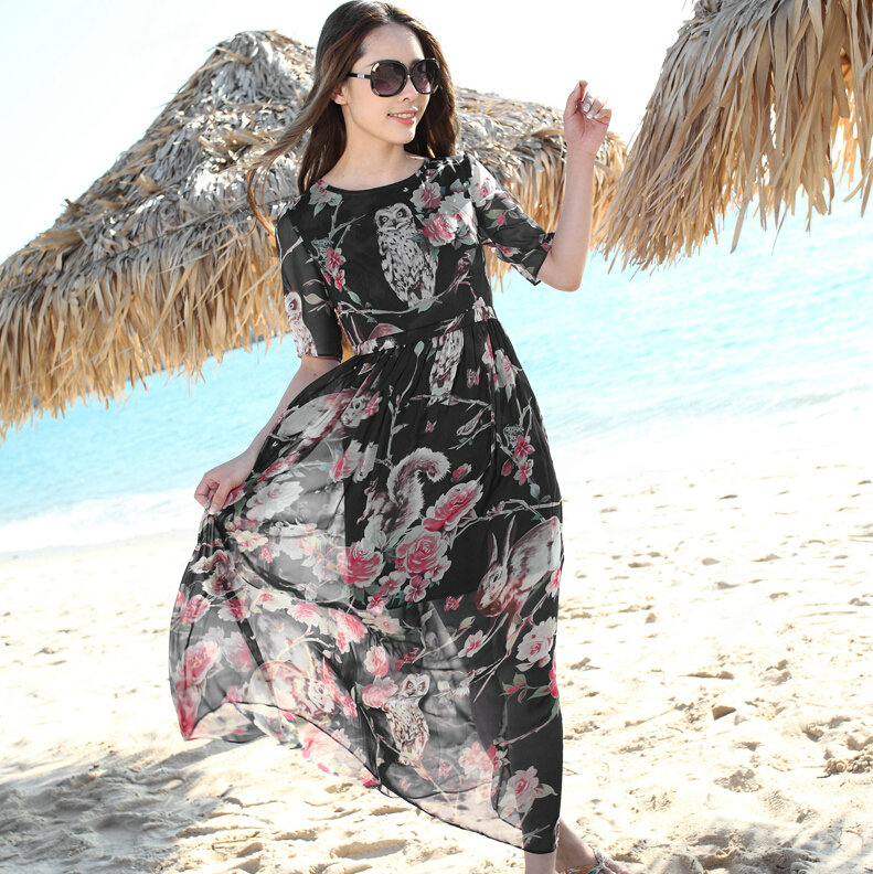 Elegant Dresses Summer Female Printed Beach Bohemian Long Chiffon - Black