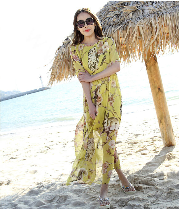 Elegant Dresses Summer Female Printed Beach Bohemian Long Chiffon - Yellow