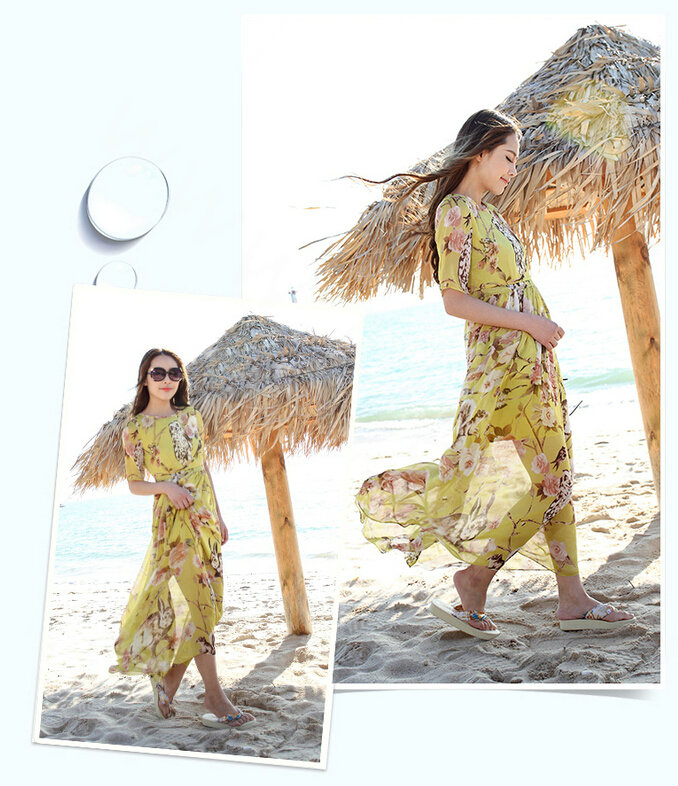 Elegant Dresses Summer Female Printed Beach Bohemian Long Chiffon - Yellow