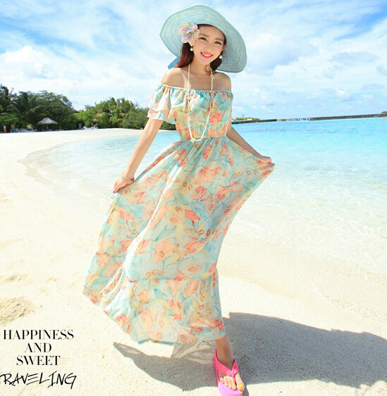 Elegant Dresses Summer Girls Oblique Beach Long Chiffon Bohemian - Light Blue