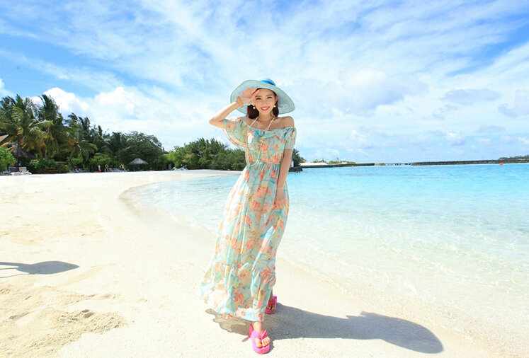 Elegant Dresses Summer Girls Oblique Beach Long Chiffon Bohemian - Light Blue