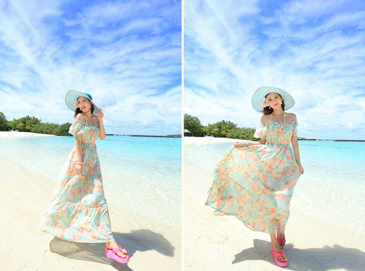 Elegant Dresses Summer Girls Oblique Beach Long Chiffon Bohemian - Light Blue