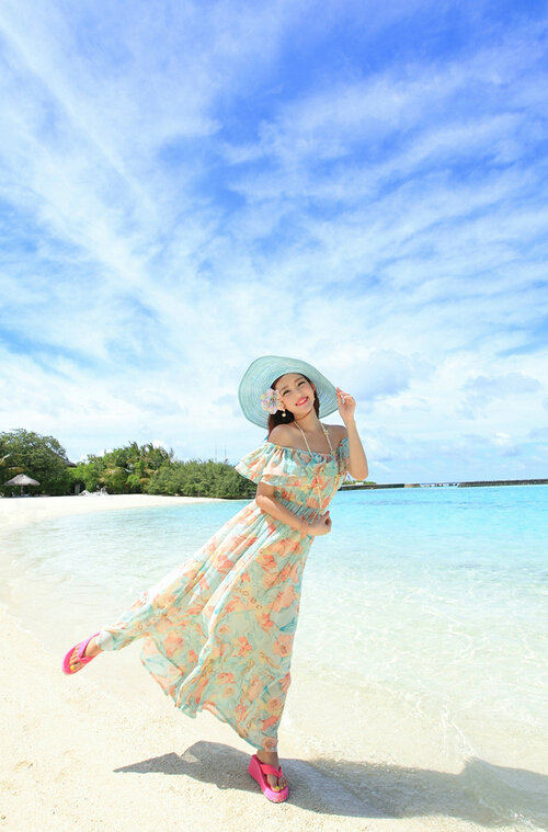 Elegant Dresses Summer Girls Oblique Beach Long Chiffon Bohemian - Light Blue
