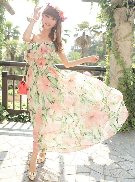 Elegant Dresses Summer Girls Oblique Beach Long Chiffon Bohemian - Pink