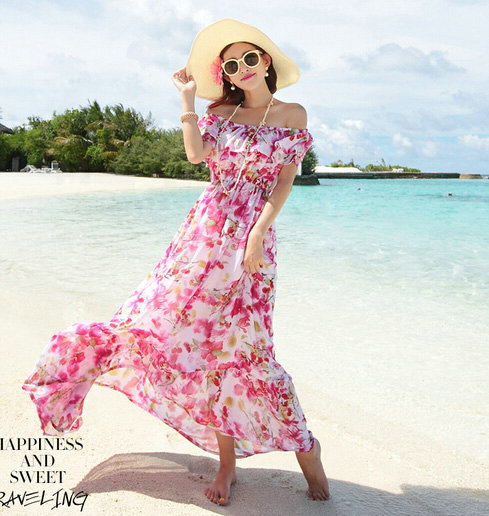 Elegant Dresses Summer Girls Oblique Beach Long Chiffon Bohemian - Rose