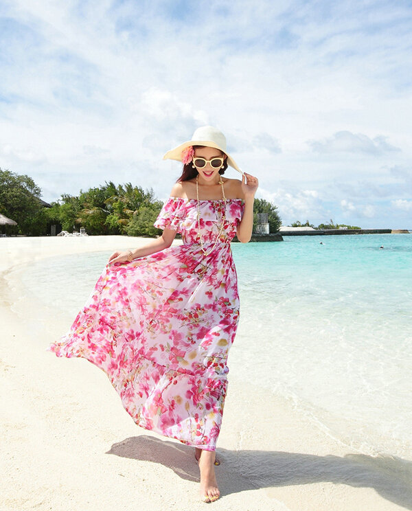 Elegant Dresses Summer Girls Oblique Beach Long Chiffon Bohemian - Rose