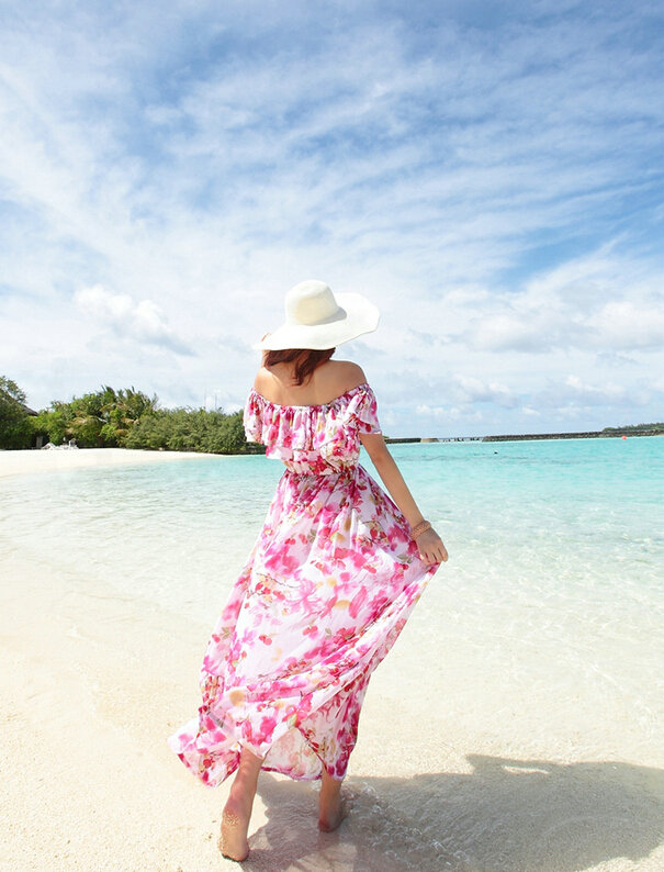 Elegant Dresses Summer Girls Oblique Beach Long Chiffon Bohemian - Rose