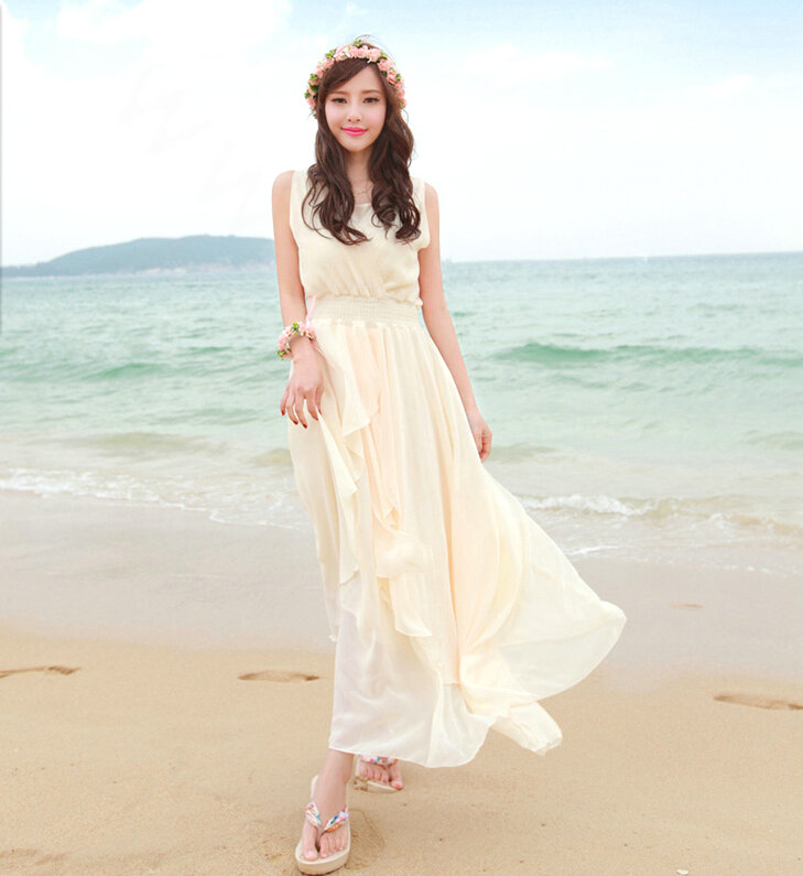 Elegant Dresses Summer Women Coast Solid Beach Long Chiffon - Beige