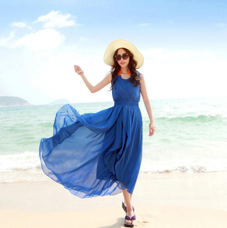 Elegant Dresses Summer Women Coast Solid Beach Long Chiffon - Blue