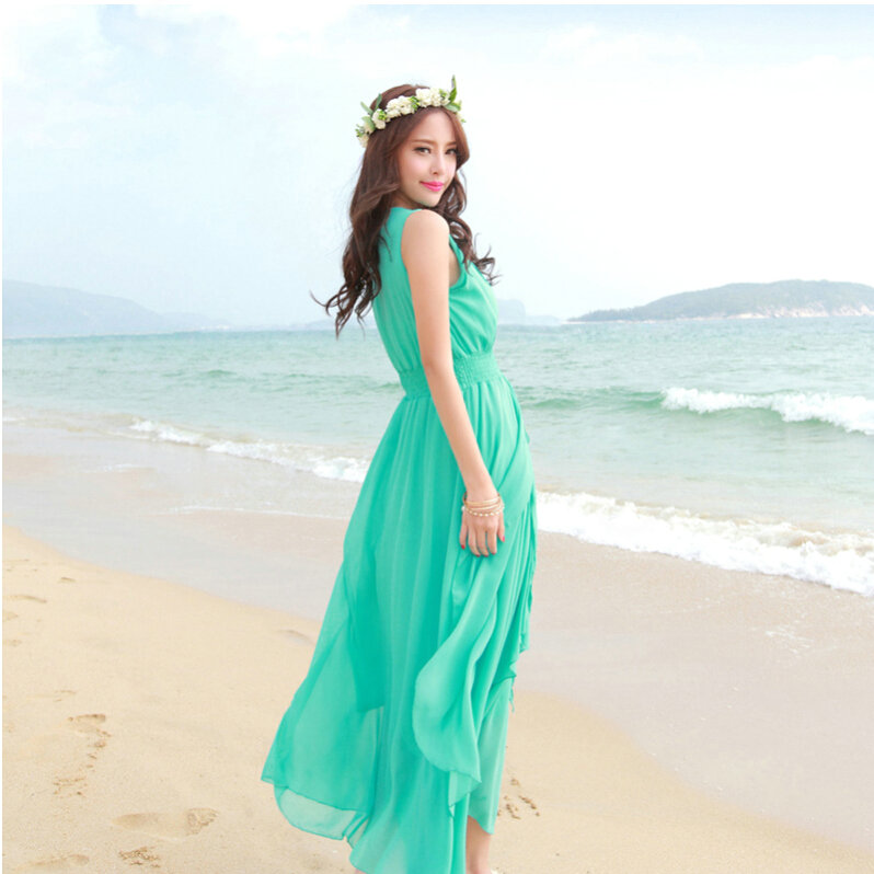 Elegant Dresses Summer Women Coast Solid Beach Long Chiffon - Green