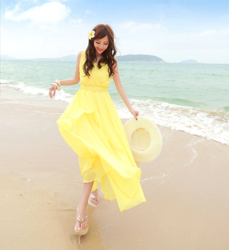 Elegant Dresses Summer Women Coast Solid Beach Long Chiffon - Yellow