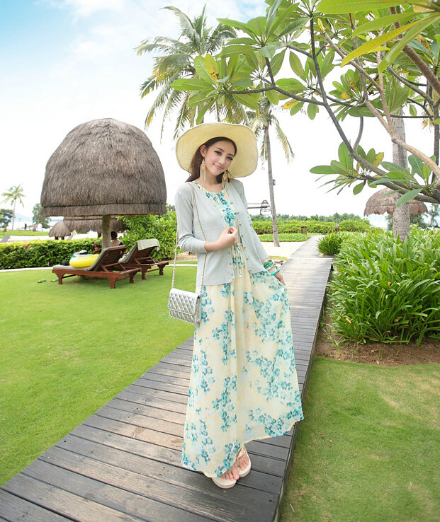 Elegant Dresses Summer Women Floral Strapless Beach Bohemian Long Chiffon - Blue