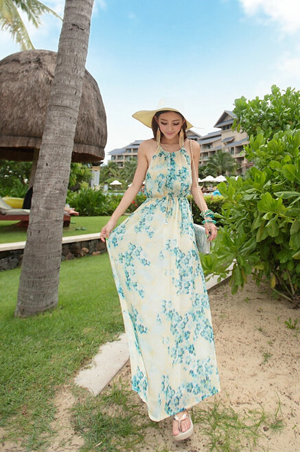 Elegant Dresses Summer Women Floral Strapless Beach Bohemian Long Chiffon - Blue
