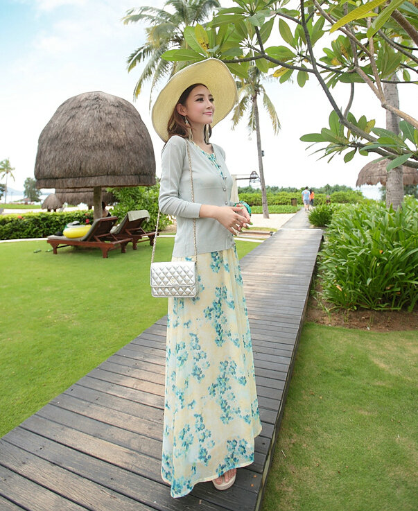 Elegant Dresses Summer Women Floral Strapless Beach Bohemian Long Chiffon - Blue