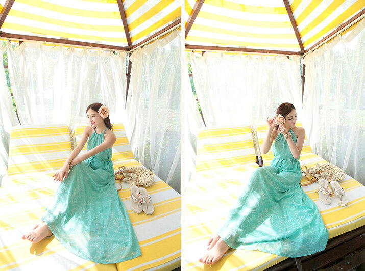 Elegant Dresses Summer Women Floral Strapless Beach Bohemian Long Chiffon - Green