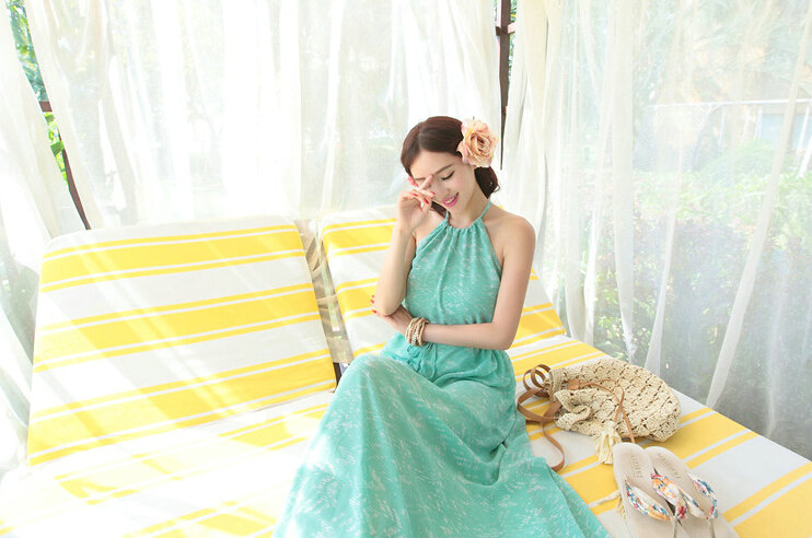 Elegant Dresses Summer Women Floral Strapless Beach Bohemian Long Chiffon - Green