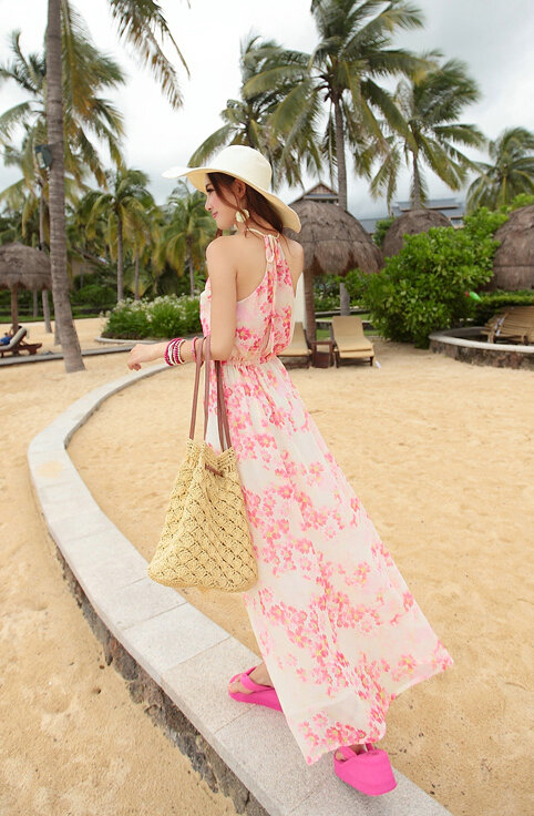 Elegant Dresses Summer Women Floral Strapless Beach Bohemian Long Chiffon - Pink White