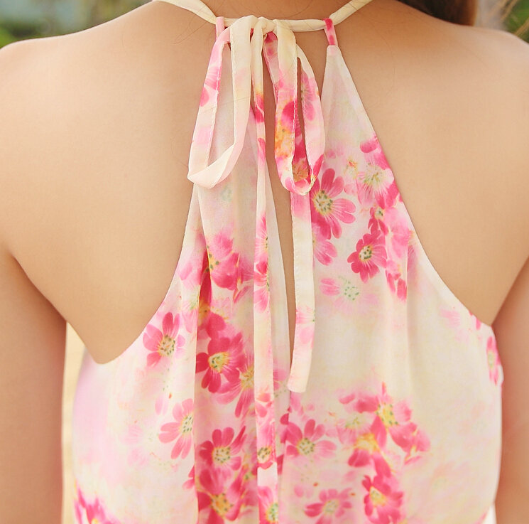 Elegant Dresses Summer Women Floral Strapless Beach Bohemian Long Chiffon - Pink White