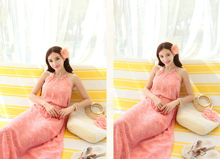 Elegant Dresses Summer Women Floral Strapless Beach Bohemian Long Chiffon - Pink