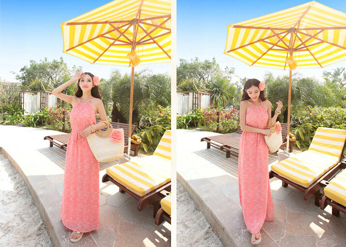Elegant Dresses Summer Women Floral Strapless Beach Bohemian Long Chiffon - Pink