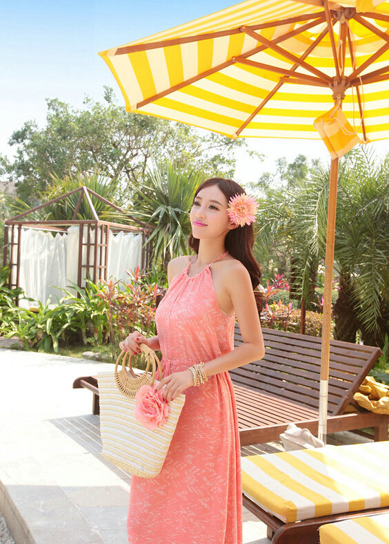 Elegant Dresses Summer Women Floral Strapless Beach Bohemian Long Chiffon - Pink