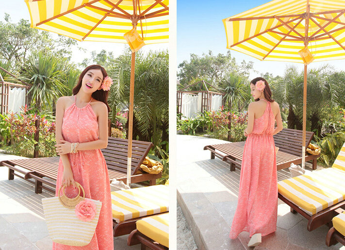 Elegant Dresses Summer Women Floral Strapless Beach Bohemian Long Chiffon - Pink