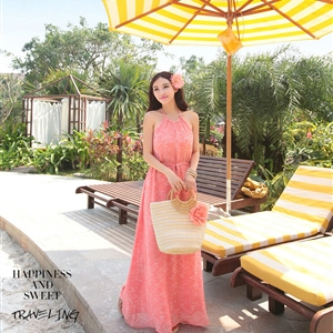 Elegant Dresses Summer Women Floral Strapless Beach Bohemian Long Chiffon - Pink