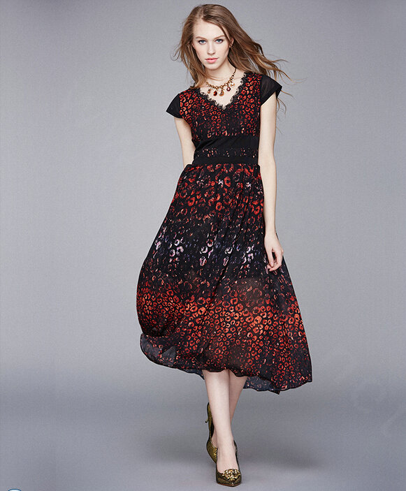 Elegant Dresses Summer Women Leopard Print Long Chiffon Tunic - Black Orange