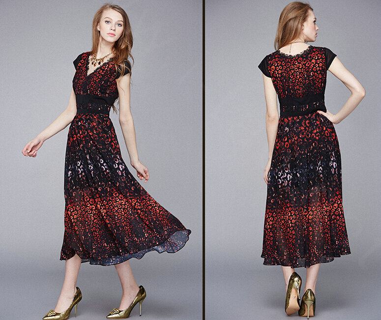Elegant Dresses Summer Women Leopard Print Long Chiffon Tunic - Black Orange