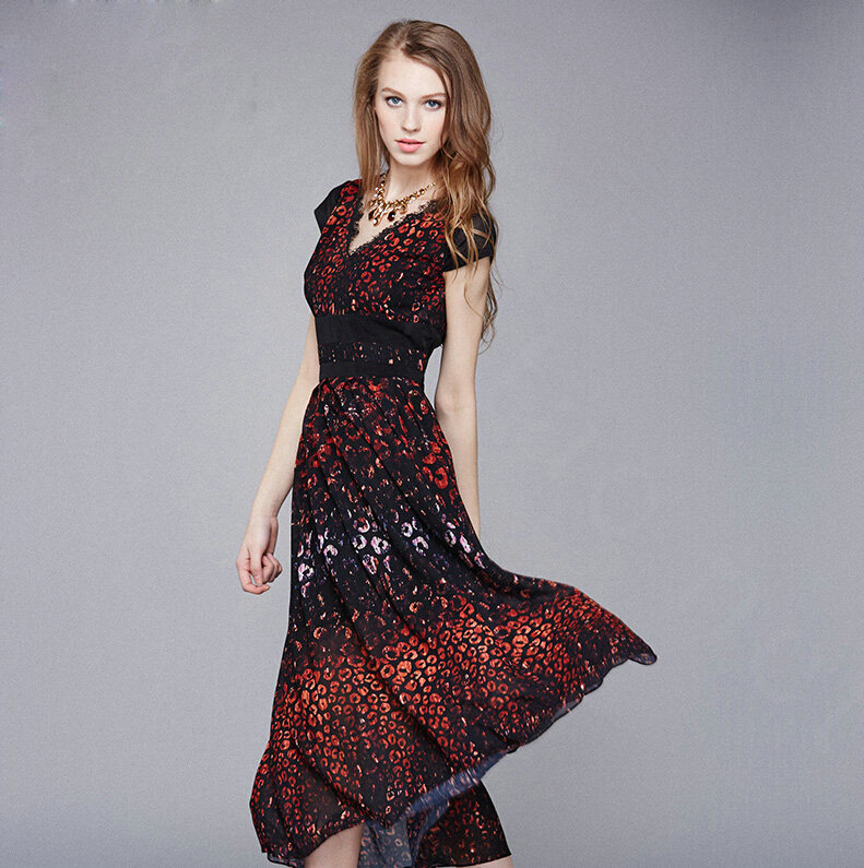 Elegant Dresses Summer Women Leopard Print Long Chiffon Tunic - Black Orange