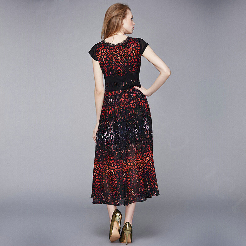 Elegant Dresses Summer Women Leopard Print Long Chiffon Tunic - Black Orange