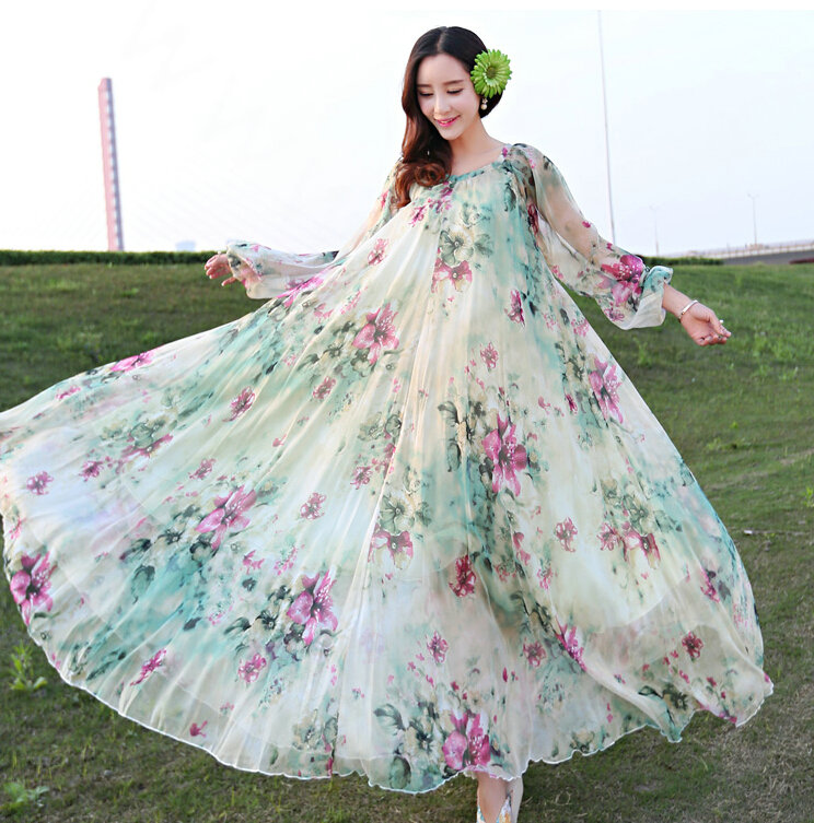 Elegant Dresses Summer Women Long Sleeved Printed Beach Long Chiffon Bohemian - Beige