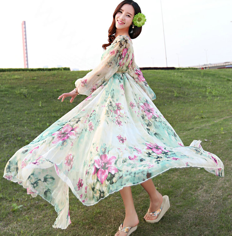 Elegant Dresses Summer Women Long Sleeved Printed Beach Long Chiffon Bohemian - Beige