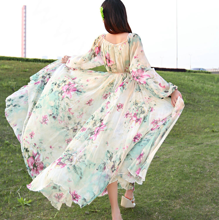 Elegant Dresses Summer Women Long Sleeved Printed Beach Long Chiffon Bohemian - Beige