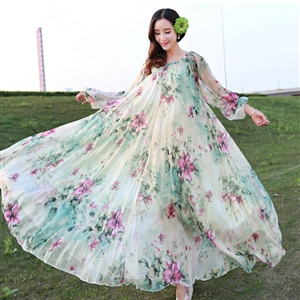 Elegant Dresses Summer Women Long Sleeved Printed Beach Long Chiffon Bohemian - Beige