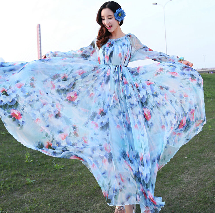 Elegant Dresses Summer Women Long Sleeved Printed Beach Long Chiffon Bohemian - Blue