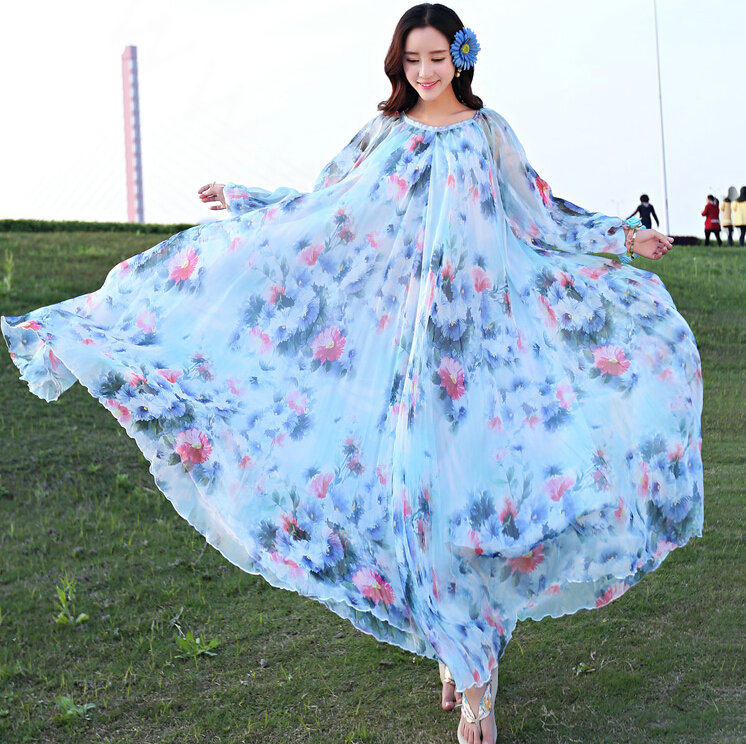 Elegant Dresses Summer Women Long Sleeved Printed Beach Long Chiffon Bohemian - Blue