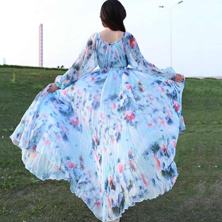 Elegant Dresses Summer Women Long Sleeved Printed Beach Long Chiffon Bohemian - Blue