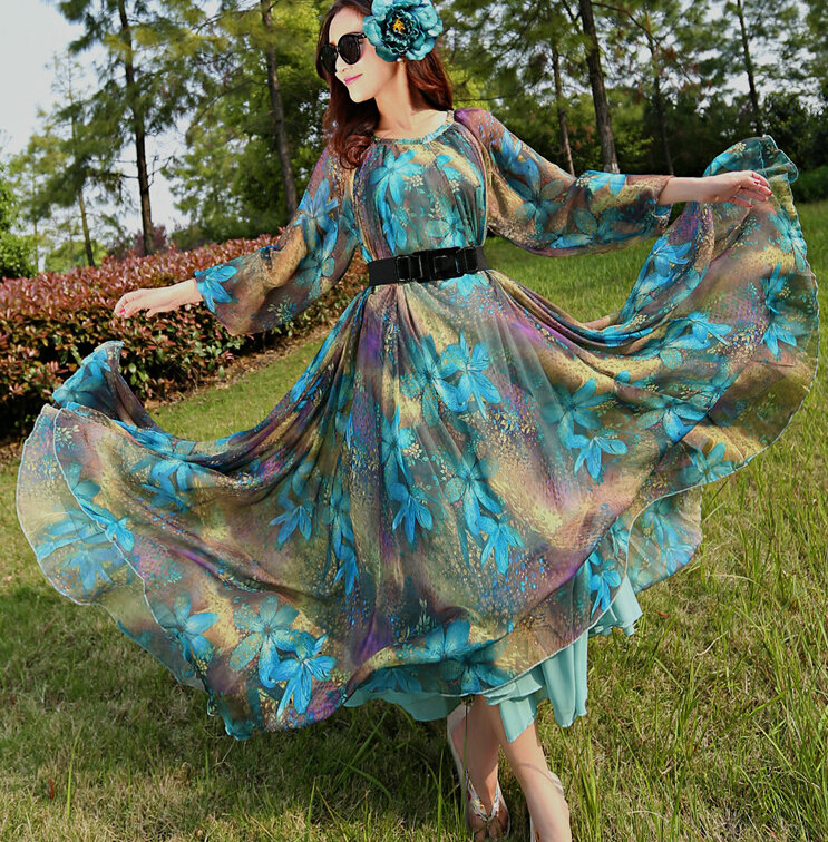 Elegant Dresses Summer Women Long Sleeved Printed Beach Long Chiffon Bohemian - Dark Blue