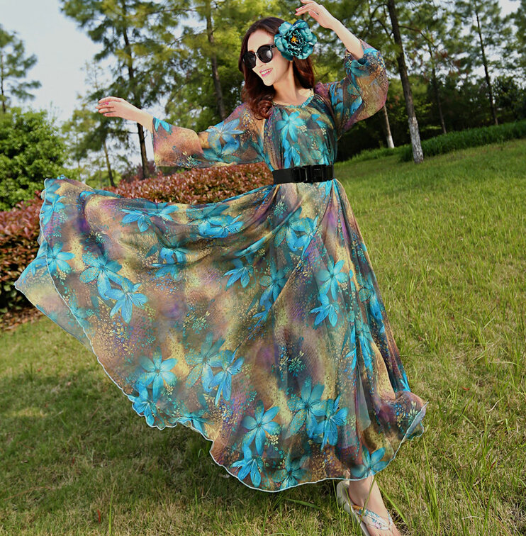 Elegant Dresses Summer Women Long Sleeved Printed Beach Long Chiffon Bohemian - Dark Blue