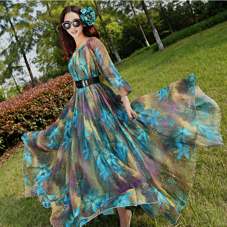 Elegant Dresses Summer Women Long Sleeved Printed Beach Long Chiffon Bohemian - Dark Blue