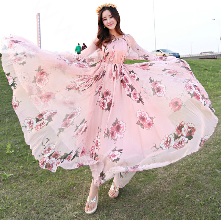 Elegant Dresses Summer Women Long Sleeved Printed Beach Long Chiffon Bohemian - Pink